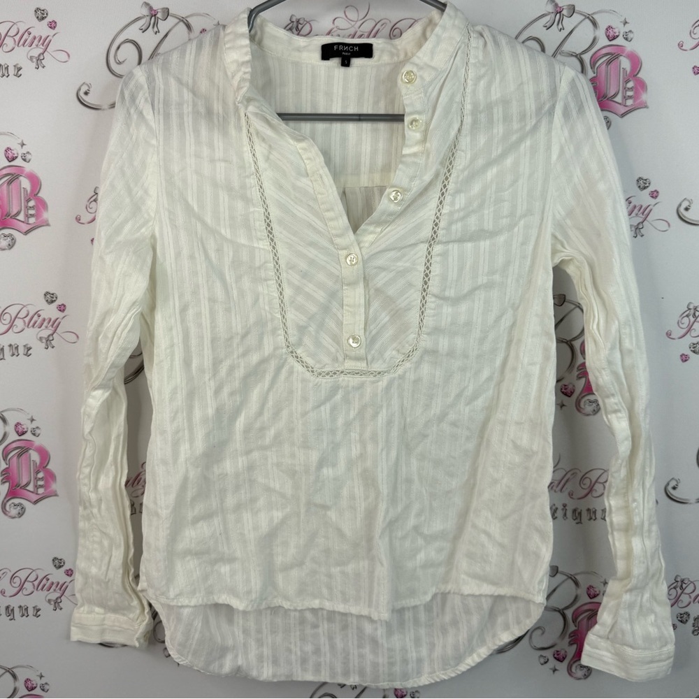 FRNCH Paris long sleeve pin stripe crochet detail white Cream Button-Up Blouse